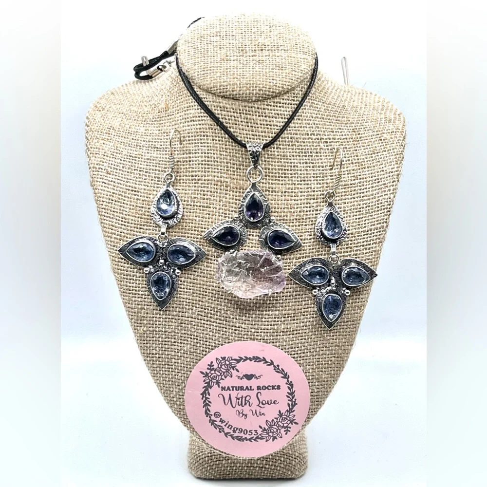 Sea Glass & Purple Statement Piece Pendant & Earrings Set - Picture 2 of 5